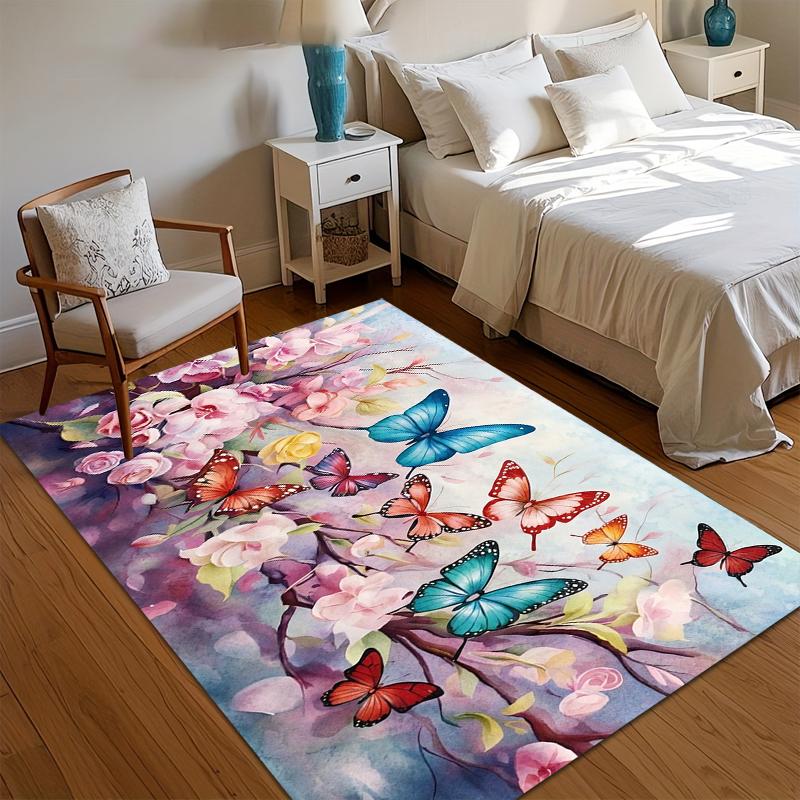

Watercolor Butterfly Floral Area Rug Multicolor Botanical Pattern Non Slip Washable Floor Carpet for Living Room Entryway 40X60cm