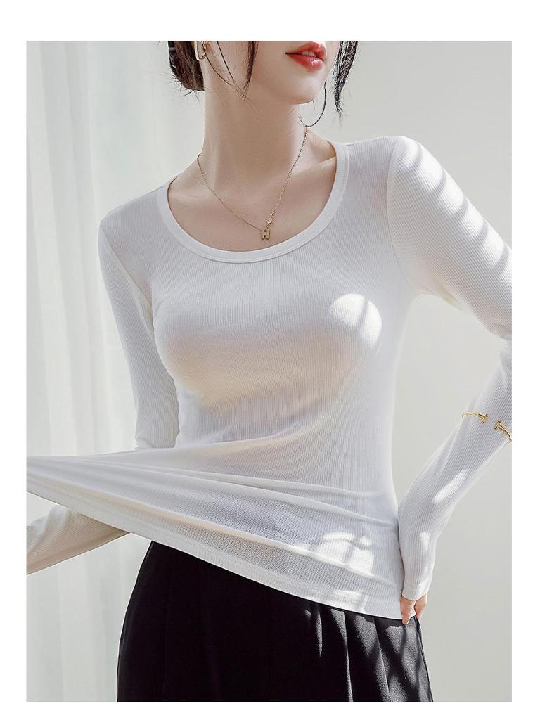 Women's Modal Low-Neck Backless Slim Fit Long-Sleeve Plus Velvet Tee for Autumn and Winter