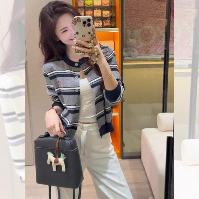 Cute Dog Repair Bottoming Shirt Long-sleeved Striped Knitted Sweater Crew Neck Cardigan Lazy New Women's Top