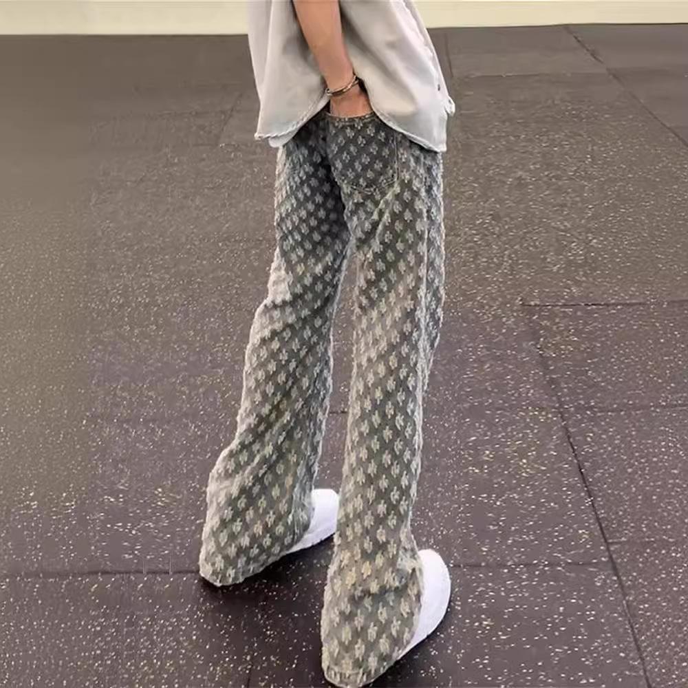 JYL Men's Cargo Flare Jeans Camo Spring American Trendy Loose Floor-Length Denim