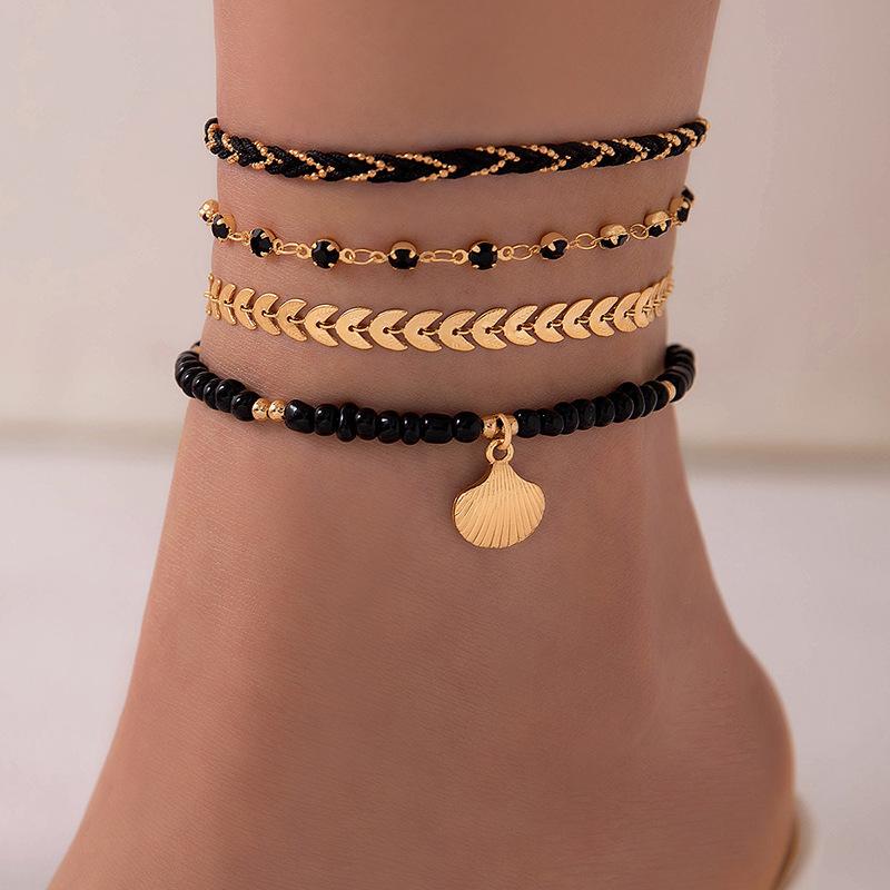 Accessories, handmade DIY rice bead shell multi-layer anklet, chain scallop anklet 5-piece set for women