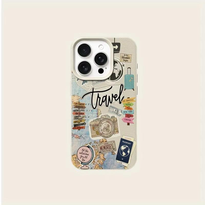 Travel Element Collage Design Lychee Texture Phone Case For iPhone 17 Air 16 e 15 14 13 12 11 Pro Max Plus SE Soft Cover