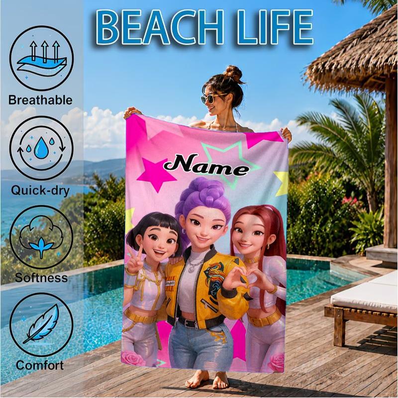 Custom Name KPop Cartoon Beach Towel Microfiber Beach Towel, Lightweight and Quick-Dry, for Summer Travel, Swimming Pool Gift