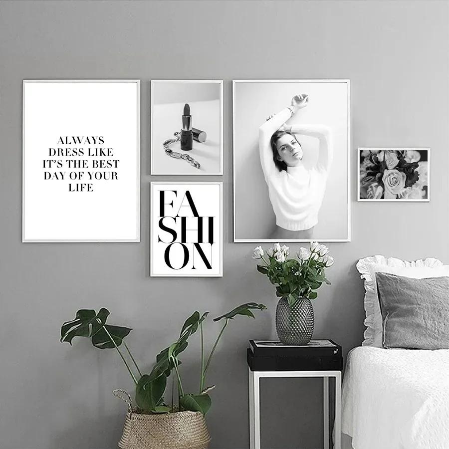 Fashion Black And White Sexy Poster Flower Women Motivational Text Minimalist Canvas Painting for Living Room Modern Home Decor
