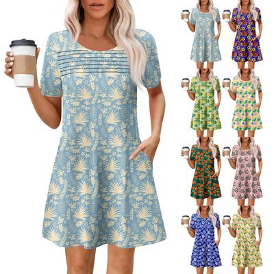 Women's Summer Casual Round Neck Pleated With Pockets Printed Short Sleeve Dresses