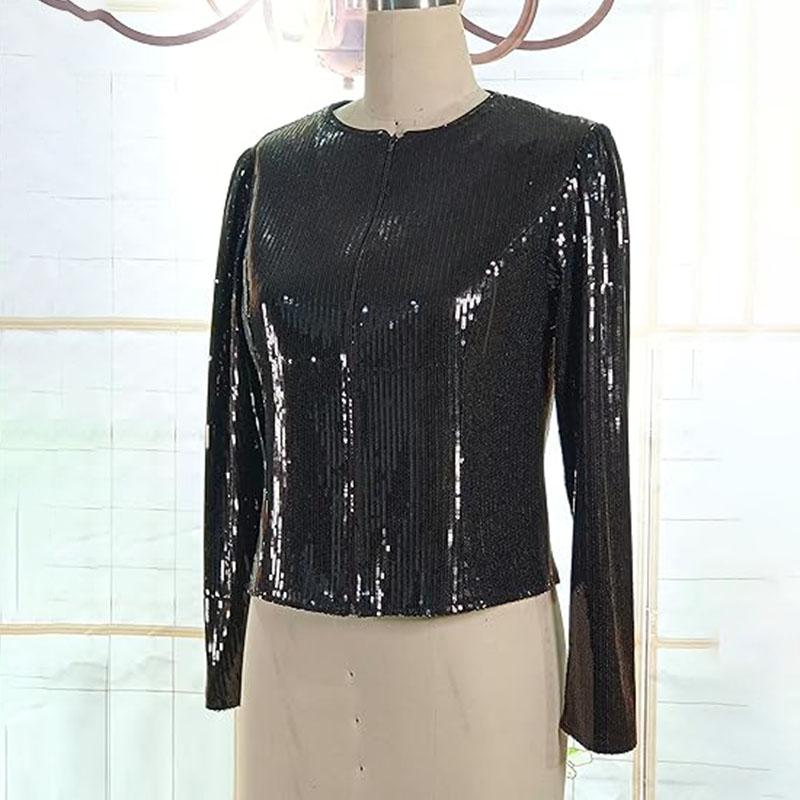 Chic Shiny Sequins Casual Jacket Women Fashion Sparkly Glitter Short Coats Slim Fit Long Sleeves Open Front Cardigan Outwear