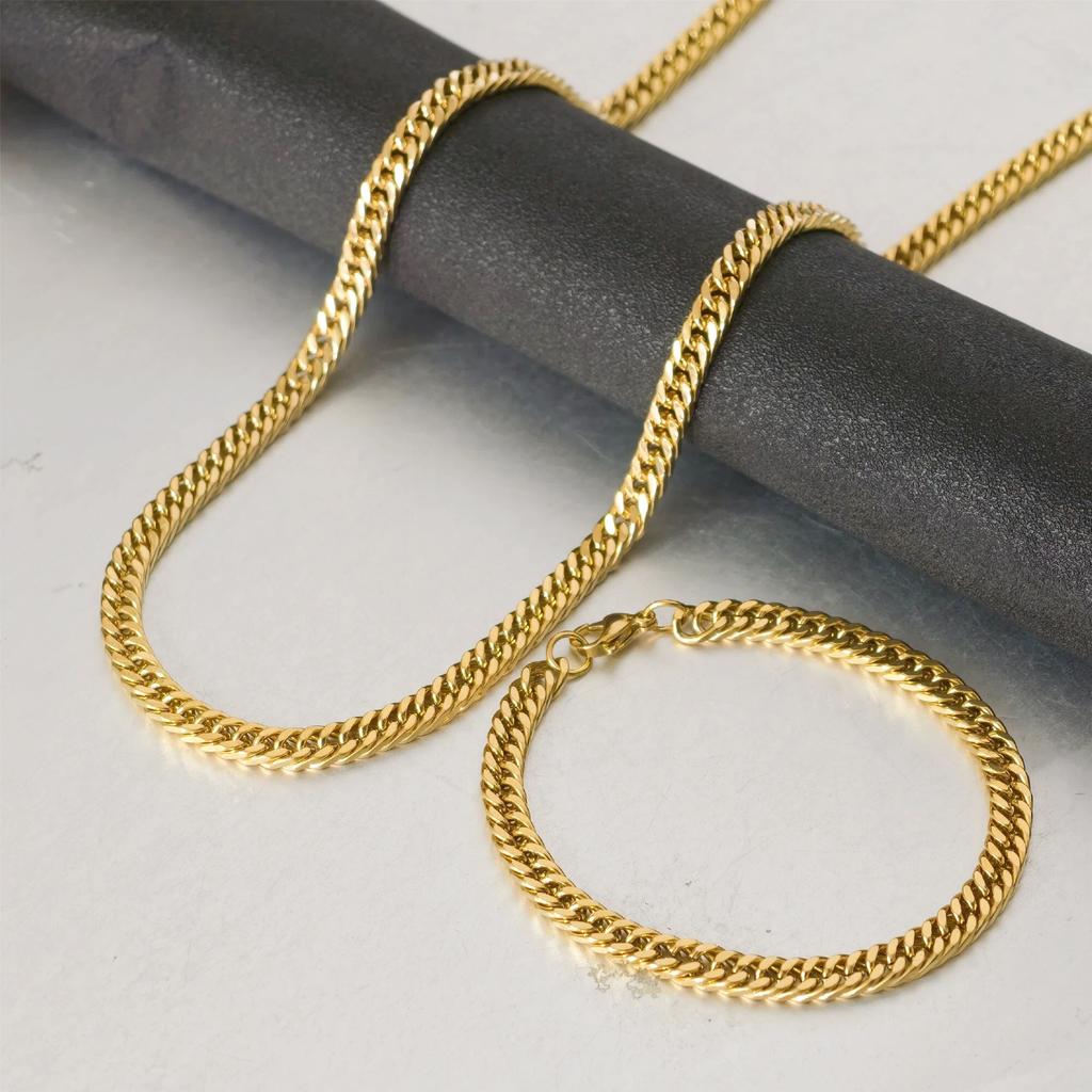 Gold Color Stainless Steel 6.5mm Curb Cuban Link Chain Bracelets Necklace For Women Men Fashion Party Wedding Jewelry Sets Gift