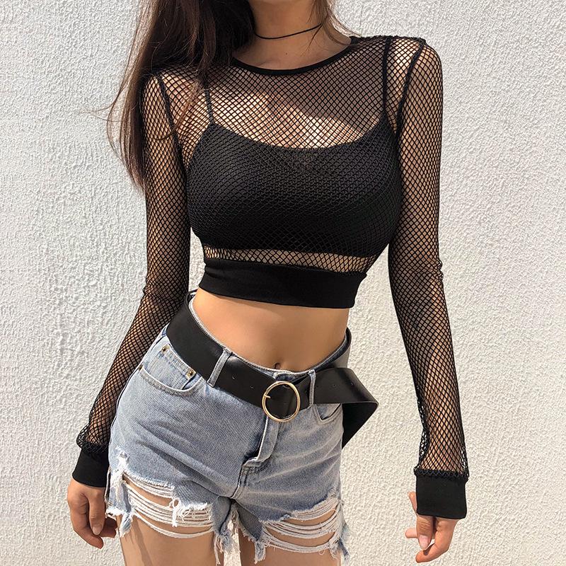 2021 Summer Women's European & American Fashion Solid Color Mesh Hollow-Out T-shirt Top.