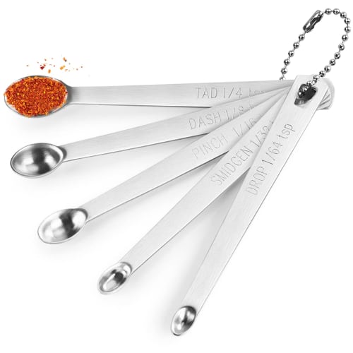 

Set of 5 Mini Measuring Spoons, Stainless Steel Small Measuring Spoons, 1/4 Teaspoon, Dash, 1/8 Teaspoon, Pinch, 1/16 Teaspoon, Smidgen, 1/32 Teaspoon