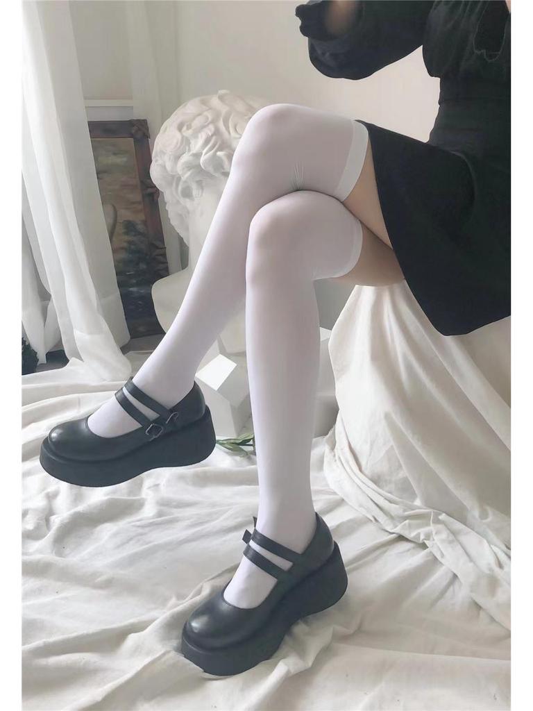 Academy Style Black & White Striped Thigh-High Velvet Socks