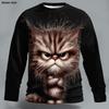 Mens Novelty Messy Hair Cat Graphic Long Sleeve T-Shirt Blue Round Neck Pullover Funny Animal Print Streetwear Clothing Apparel