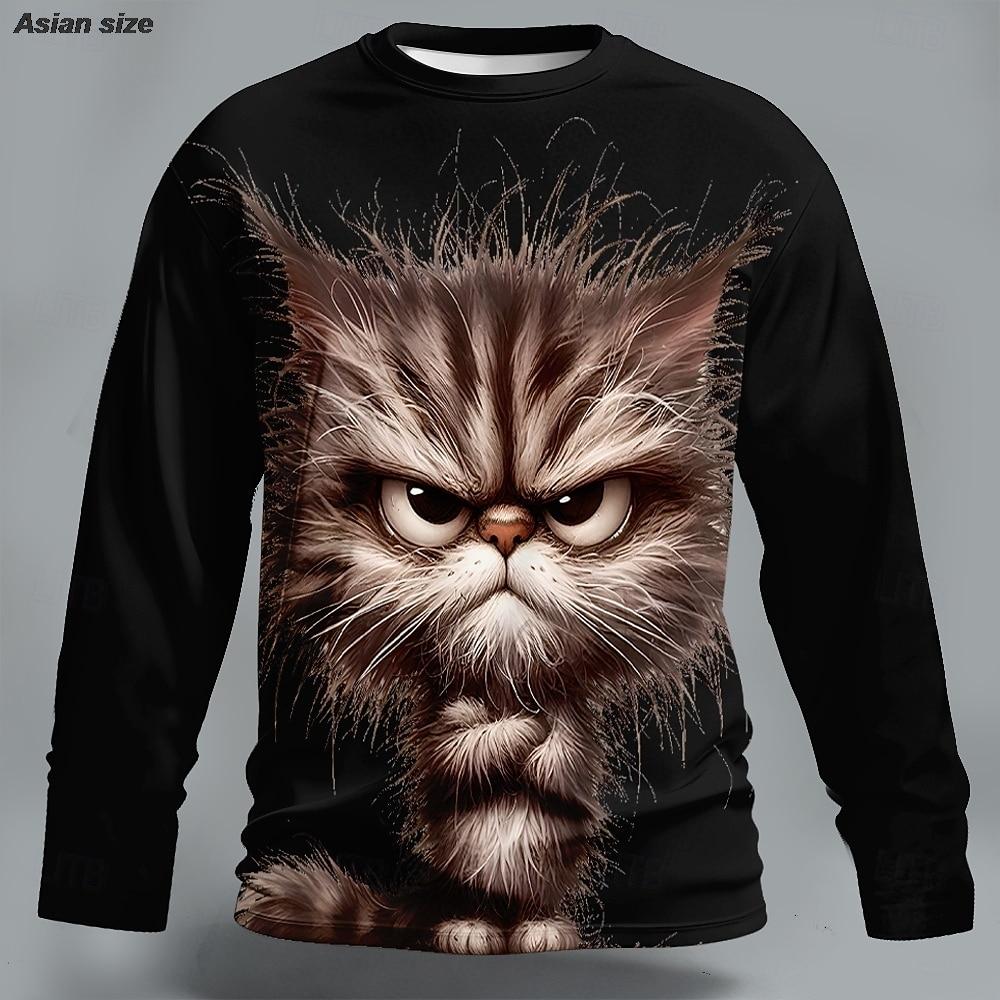 Mens Novelty Messy Hair Cat Graphic Long Sleeve T-Shirt Blue Round Neck Pullover Funny Animal Print Streetwear Clothing Apparel
