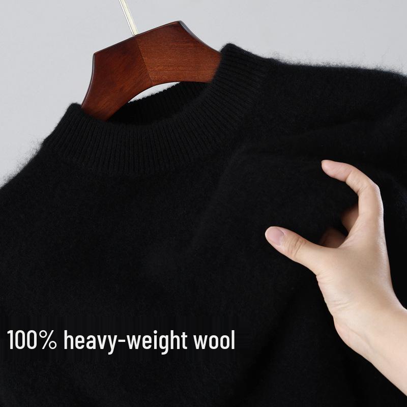 Men's 100% Wool Round Neck Loose Casual Sweater - Thickened Long Sleeve Knitwear