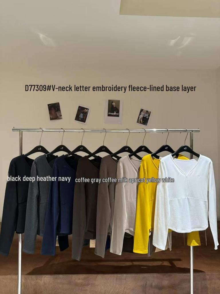 Women's Winter Korean Style V-Neck Fleece-Lined Long Sleeve Plus Size T-Shirt