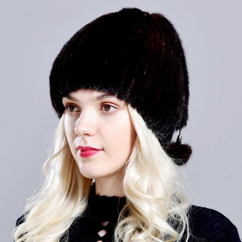 Real Mink Fur Hats Women's Winter Natural Geniune Fur Warm Knitted Hats with 3 Balls Handsewn Fashionable Skullies Beanies Hat