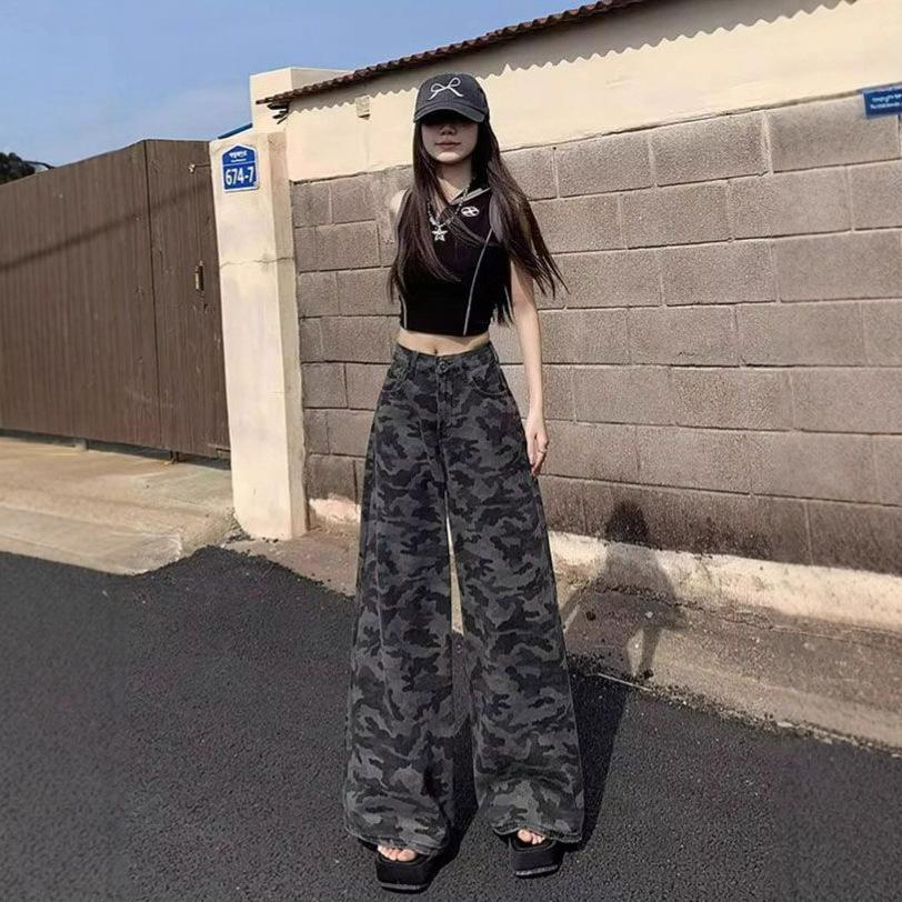 High-waisted Camouflage Wide-legged Jeans Women College Style Autumn Loose Skinny Dragging Ground Trousers Jeans for Women Long Denim Pants