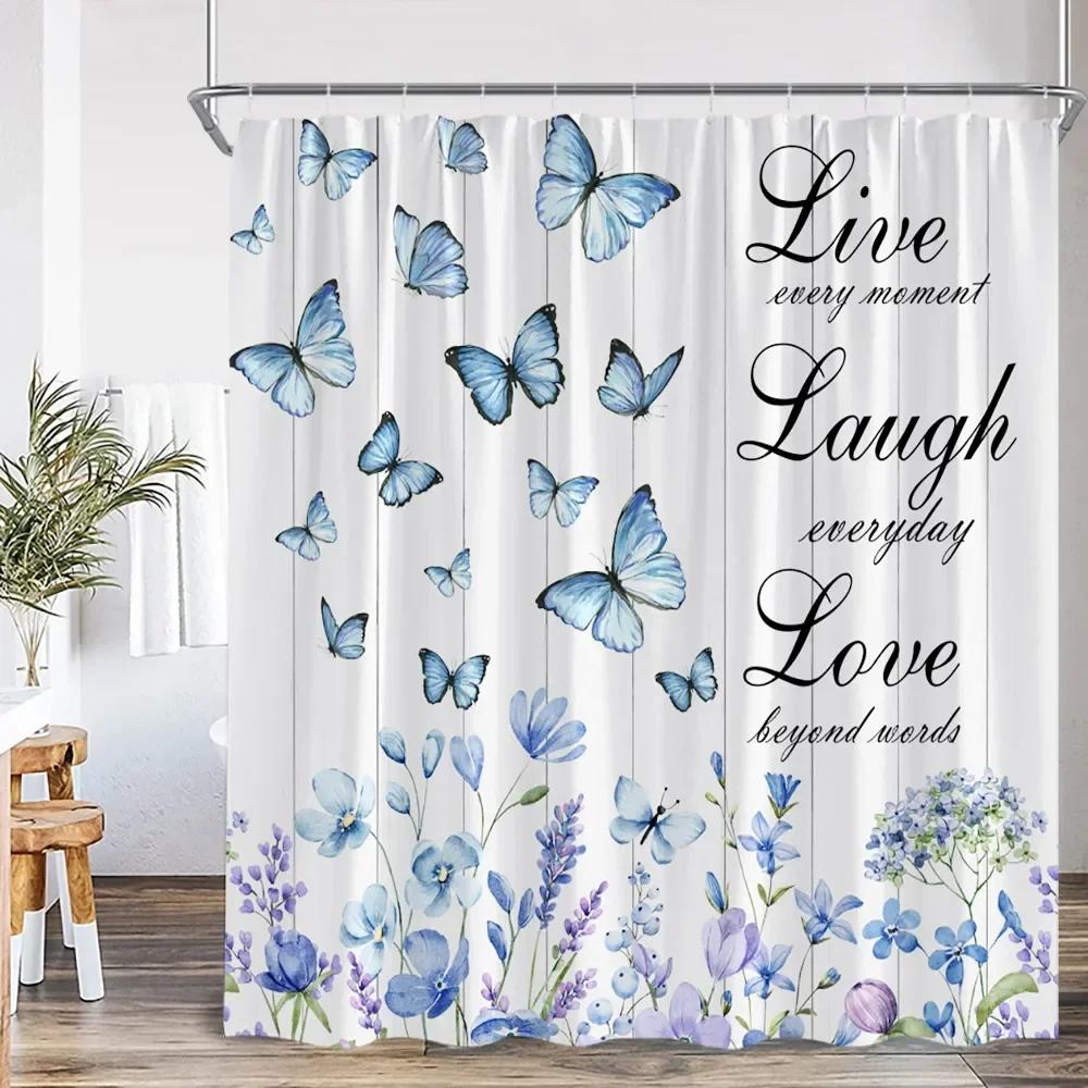 Modern Inspirational Quotes Shower Curtain Flower Butterfly Art Bathroom Decorative Polyester Fabric Bathtub Curtain