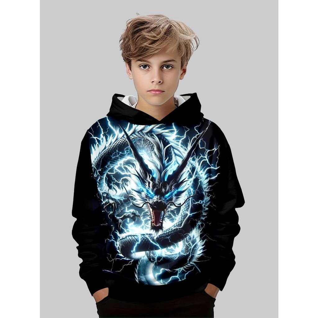Children's clothing, boys' creative 3D printed hooded sweatshirt, boys' casual sports long sleeved hooded top