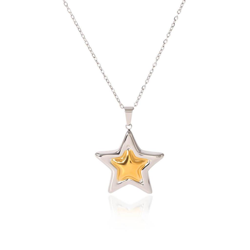 Stainless Steel Gold & Silver Star Pendant Necklace with Open Ring & Star Earrings