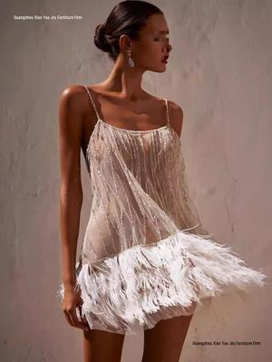 Rochie de Petrecere Sexy Europeană & Americană Fără Spate cu Plasă cu Paiete și Franjuri și Bretele Subțiri
