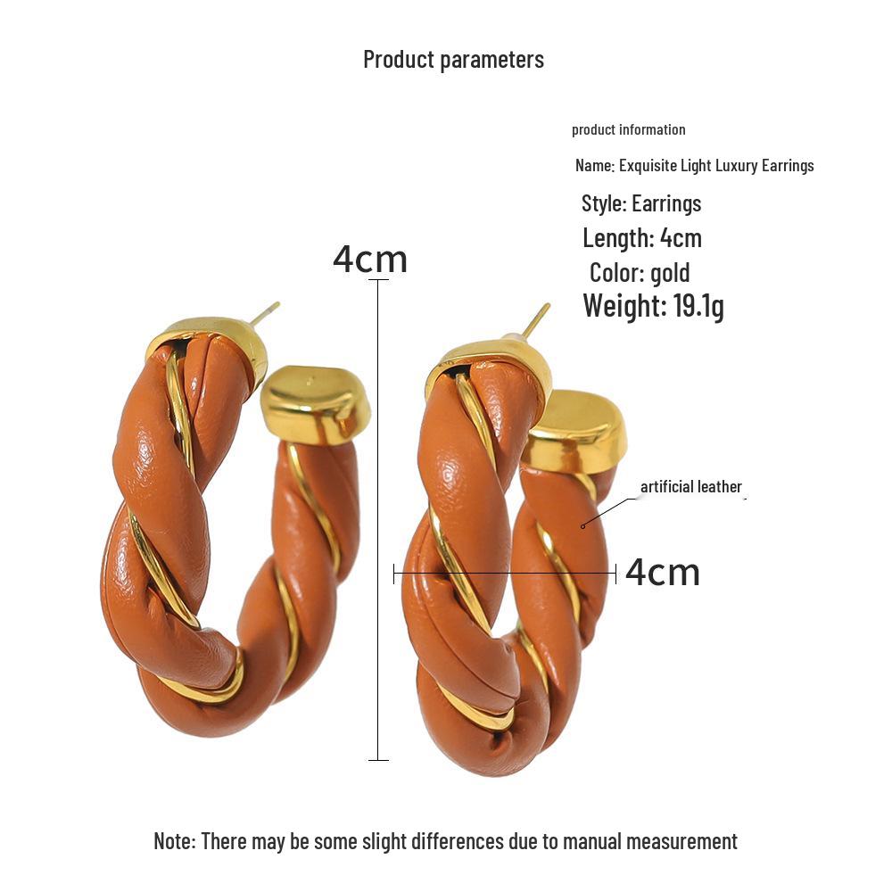 European & American Trendy Cable Knit Hoop Earrings - Women's 18K Gold Plated Titanium Steel C-Shaped PU Studs