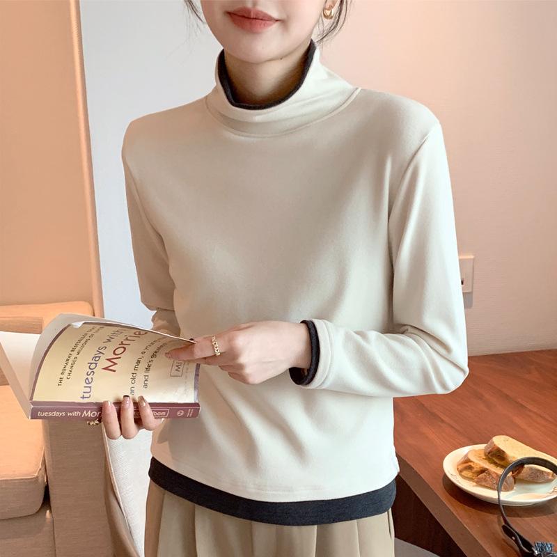 

Spring Autumn Fake Two-piece Tops Long-sleeved T-shirts Women s Bottoming Shirts Layered Stitching Contrasting Color Inner Wear L бежевий