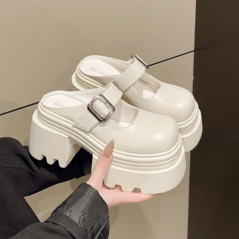10Cm heightening bag head half slippers women's 2025 spring new small slippers wearing a pedal JK muffin shoes