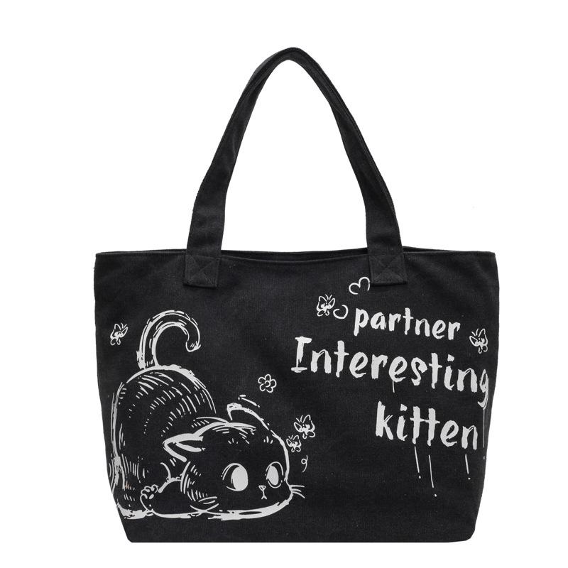 

Мультяшная холщовая сумка с надписью «кот» женская 2025 осень и зима новая большая вместительная сумка через плечо универсальная сумка-тоут чёрный