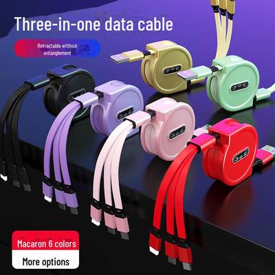 "Macaron 3-in-1 Retractable Fast Charging Cable with Logo Printing and Storage"