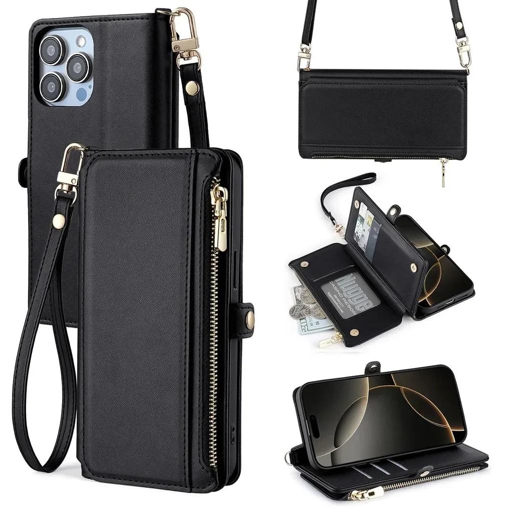 Long Strap Crossbody Leather Case For Google Pixel 10 Pro XL Pixel 9 Pro 9A 8 8A 7 7A 6 6A Zipper Wallet Card Stand Phone Cover