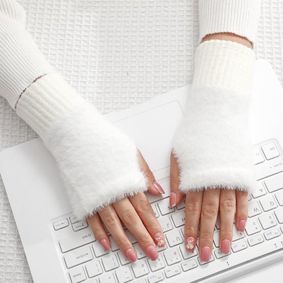 Half Finger Gloves Women Long Fingerless Gloves Fleece-Lined Touchscreen Knitted