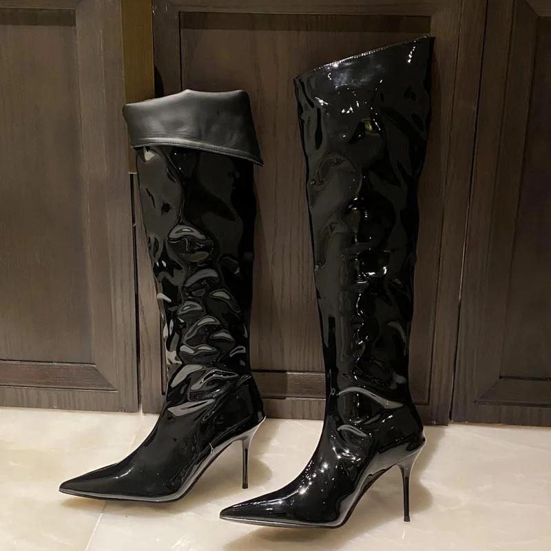 Fashion Eilyken Winter Patent Leather Thin High Heels Knee-High Boots Women Fashion Pointed Toe Wedding Party Pumps Shoes