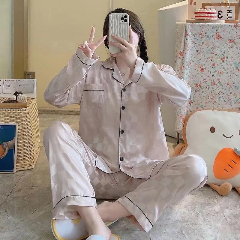 Women's Pyjamas Ice Silk Long-Sleeved Jacquard Student Sleepwear Homewear Cardigan Plaid Top Trousers Nightwear Loungewear