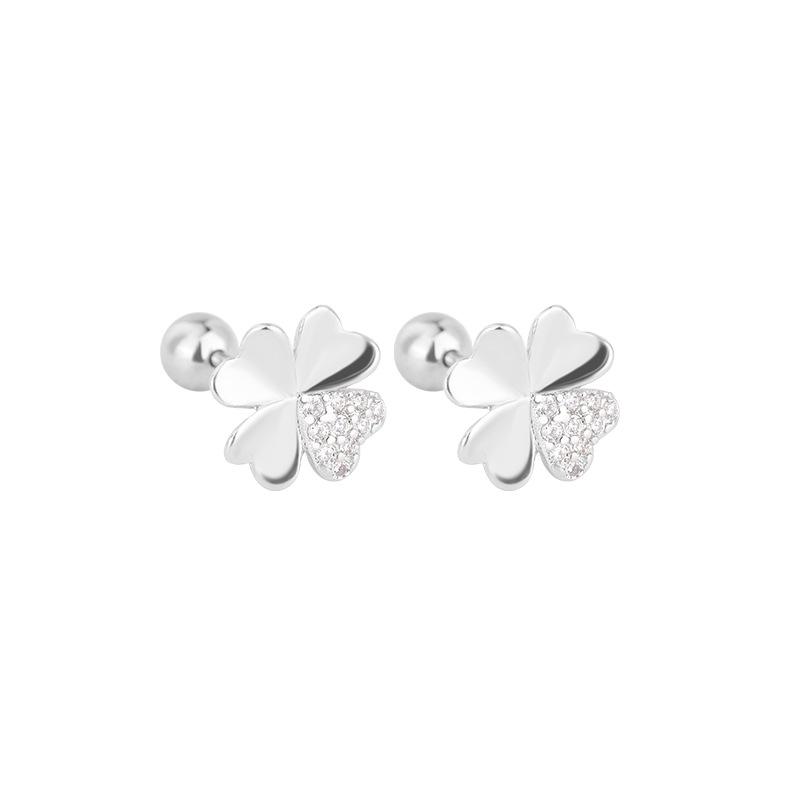 S925 Four-Leaf Clover Minimalist Screw-On Stud Earrings - Trendy, Light Luxury Style for Women’s High-End Ear Cartilage