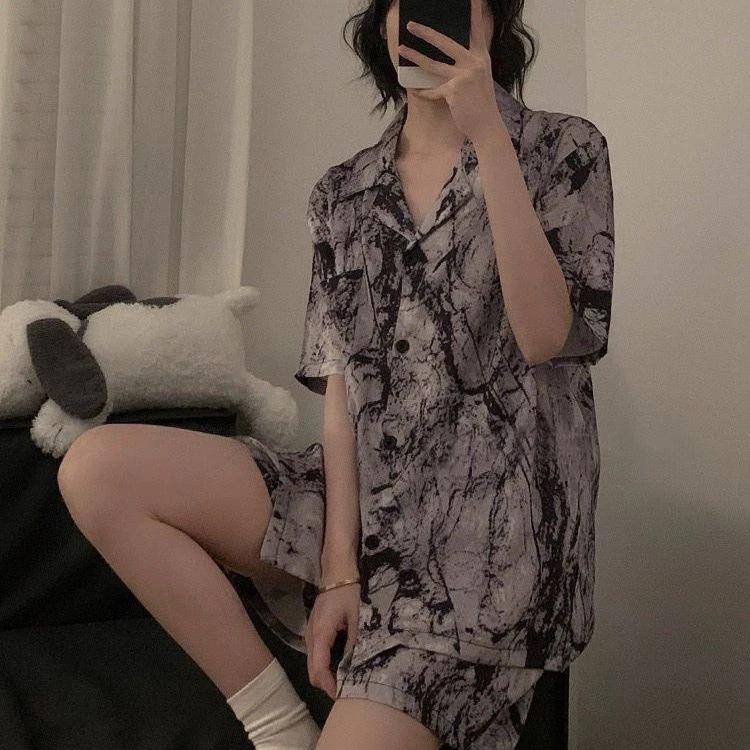 2 Pezzi Stampa Indumenti da Notte Raso di Seta Sintetica Pigiami Moda Casual Pigiama Donna Set Pigiama con Pantaloncini Abiti Pittura a Inchiostro