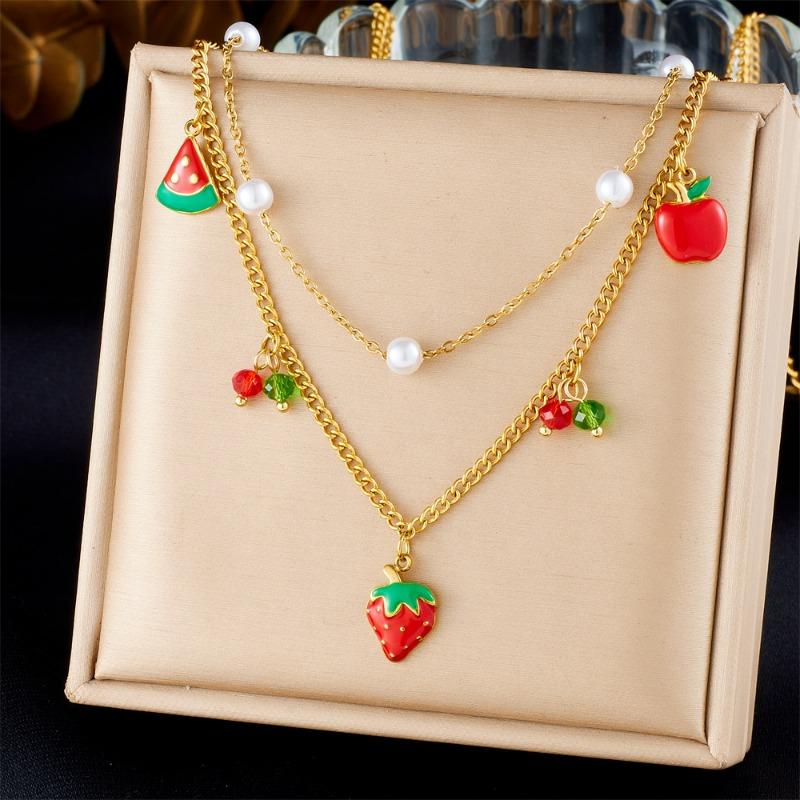 

Gold Plated Cherry Pendant Double Layer Necklace for Women Stainless Steel