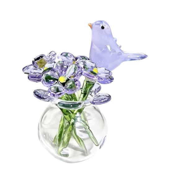 Niedliche Mini-Figur Blume aus Kunstkristall, mundgeblasenes Glas-Bouquet, Sammlerstück, kleines Blumenvasen-Ornament mit Biene/Vogel für Heim- und Büro-Tischdekoration