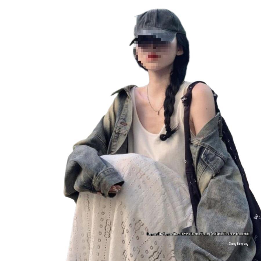 Retro Washed Distressed Denim Jacket for Women - 2025 Loose Mid-Length Hong Kong Style, Spring/Autumn Fashion