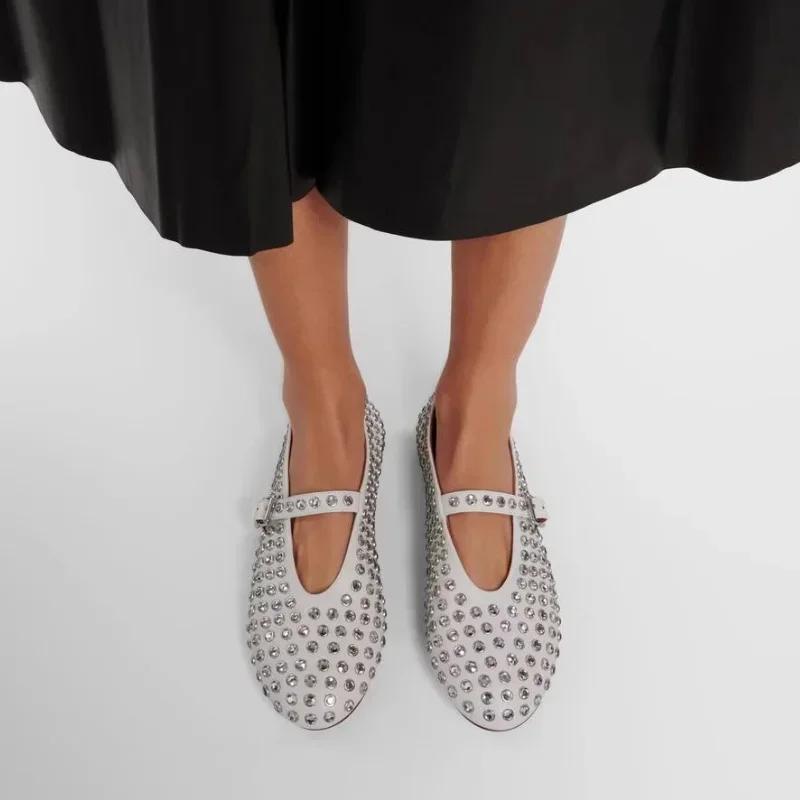 Women's Rhinestone Rivet Single Shoes Women New Round Toe Hollow Belt Buckle Comfortable Flat Dance Ballet Mary Jane Shoes
