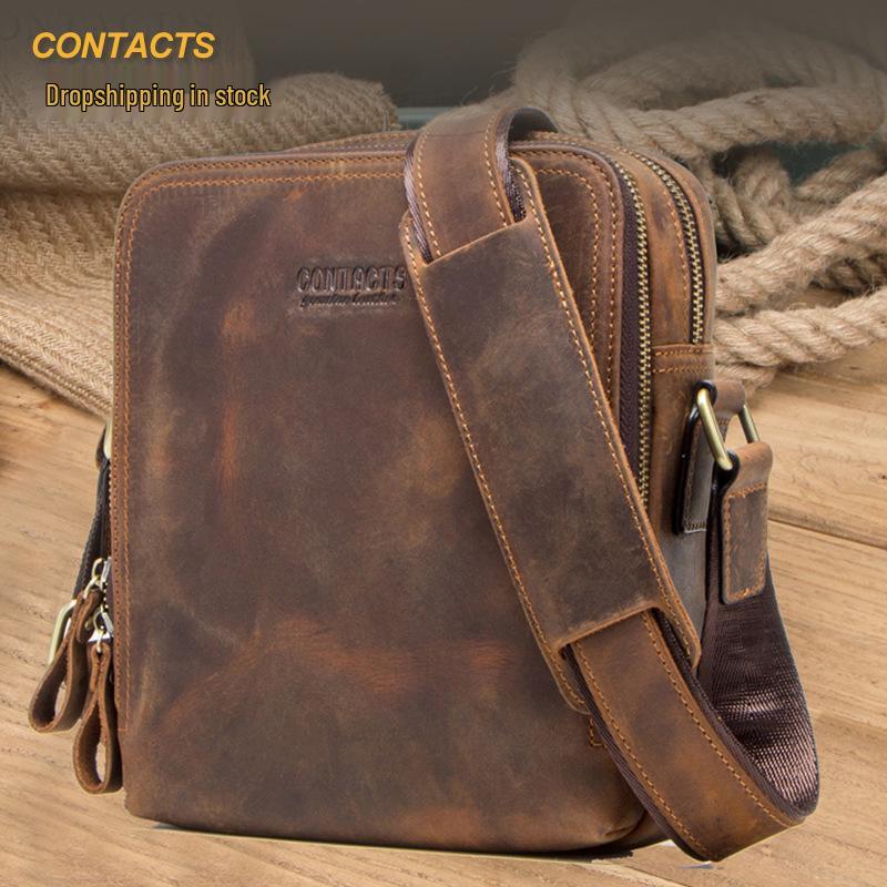 Czarny Anioł Retro Skóra Crazy Horse Męska Torba Na Ramię Crossbody