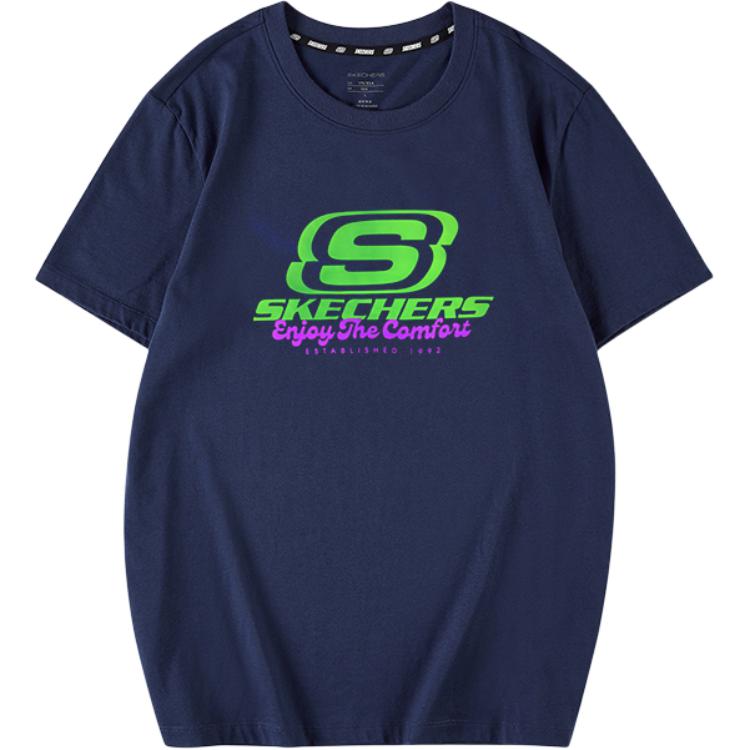 Skechers Colorful Casual Series Soft Comfortable Cotton Crew Neck Short Sleeve T-Shirt Unisex tops Medieval-Blue FHL223U045-007D L