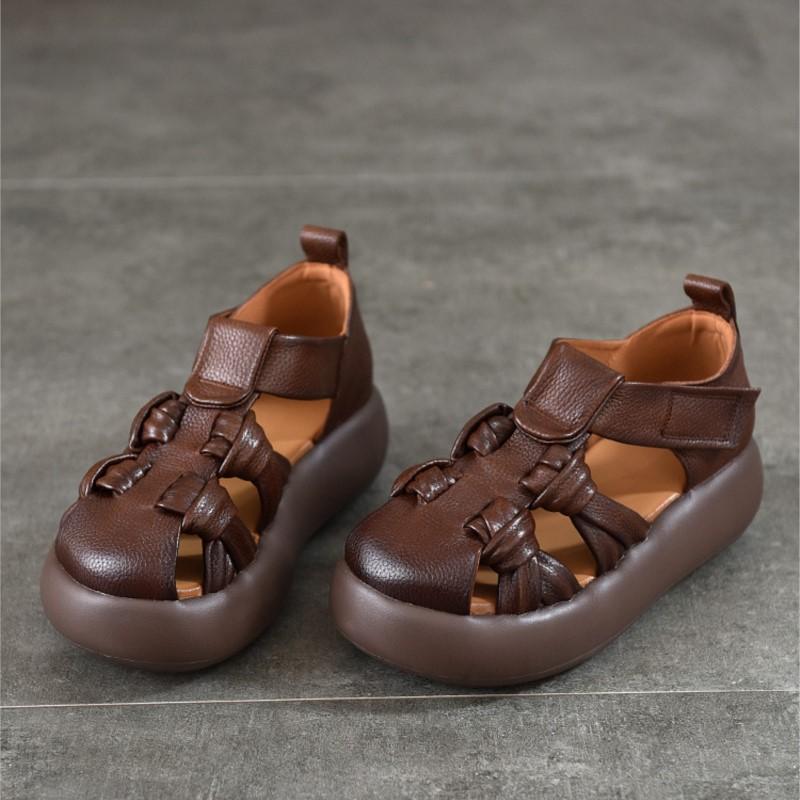 Johnature Genuine Leather Retro Hand Woven Hollow-out Sandals Soft Soled Women's Flat Platform Shoes