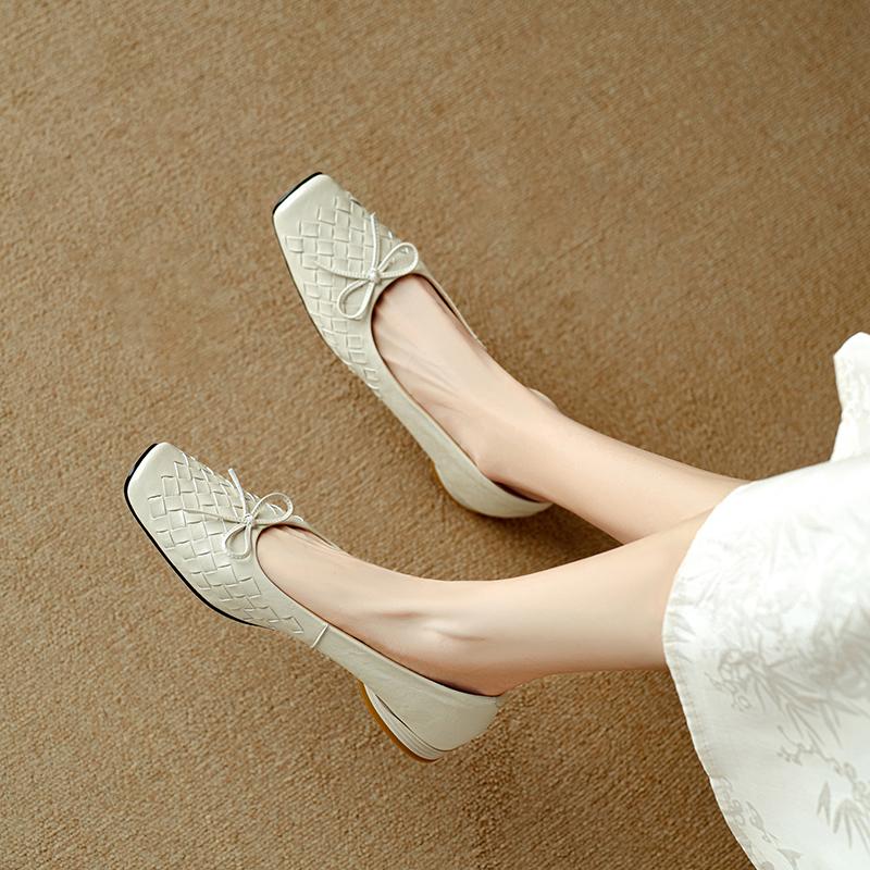Fashion 2025 New Spring Women Pumps Genuine Leather Shoes for Women Fashion Shallow Butterfly-knot Square Toe Women Ladies Shoes