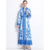 Spring Autumn Women Vintage Print Runway Dresses Full Sleeve Single Breasted Long Maxi Party Dress