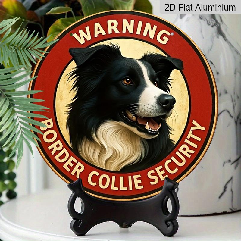 2D Flat Border Collie Warning Sign Round Aluminum Wall Artwork, Retro Logo, Featuring Friendly Dogs, Very Suitable for Families, Bars, Cafes