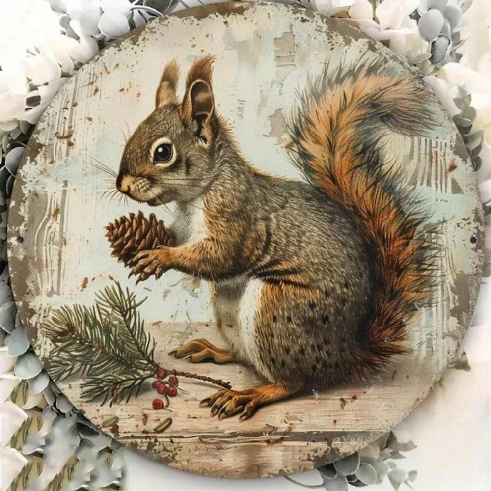 Metal Wall Art Vintage Squirrel Pinecone Rustic Home Decor 8x8 Inch