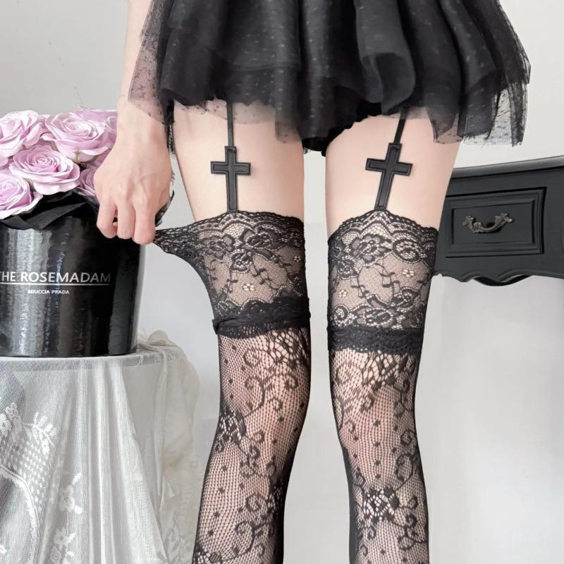 Punk Cross Lace Women Stockings Tights Hollow Out Flowers Black Cross Flora Mesh Girls Long Stockings Pantyhose Daily Party Wear