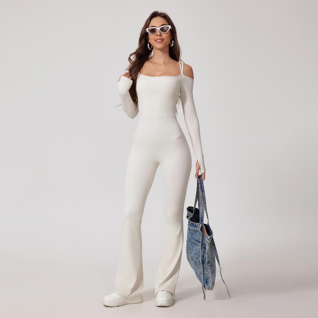European & American Off-Shoulder Backless Jumpsuit with Double Shoulder Straps, Long Sleeves & Flared Pants