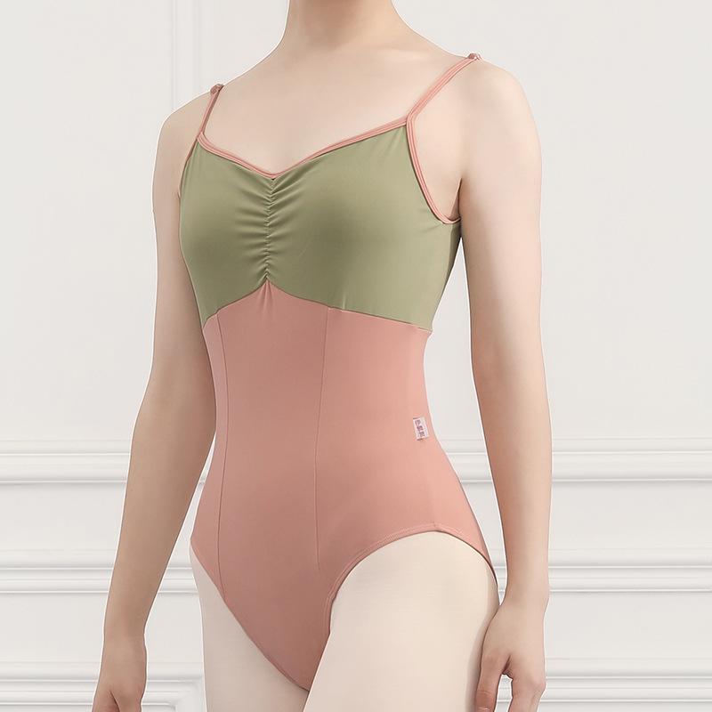 Fushinu Damen Farbblock Geraffte Taille Gymnastiktrikot Ballett Übungskleidung