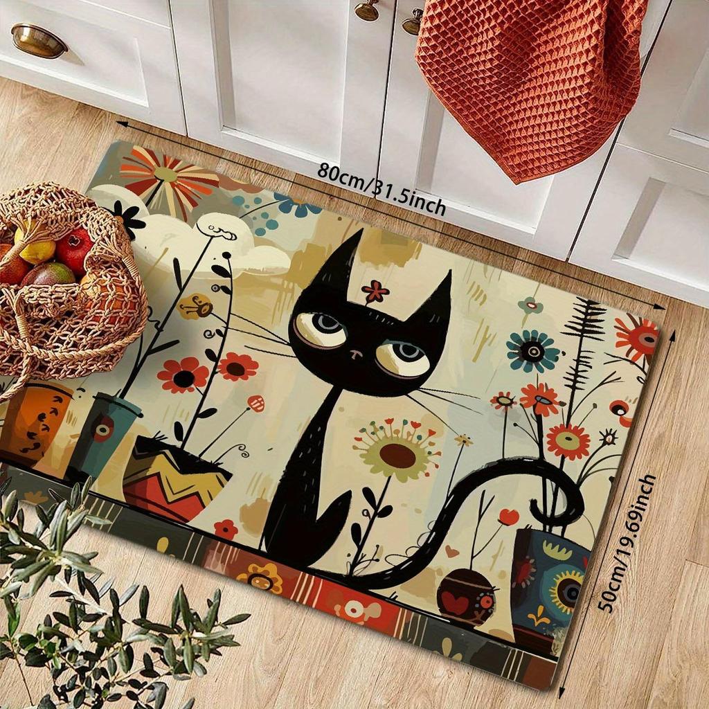 1Pcs Anti Fatigue Kitchen Rugs,Floral Black Cat Print Waterproof Non-Slip Thick Cushioned Kitchen Mat Heavy Duty Comfort Standing Mat for Kitchen